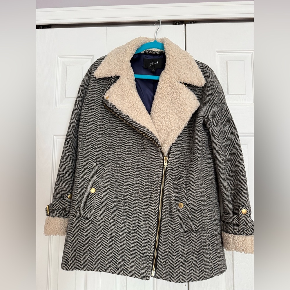 J. Crew Gray Herringbone Coat with Cream Accents